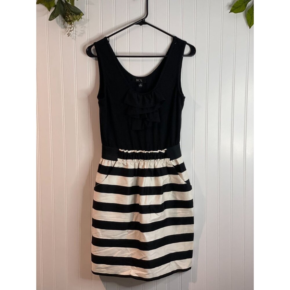 BCX Womens Black & White Striped Dress With Ruffle Detail & Pockets - Size L